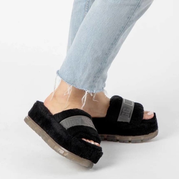 UGG 1131971 Fluffita Clear Platform Slide Sandals In Black Size 8 - Picture 2 of 8